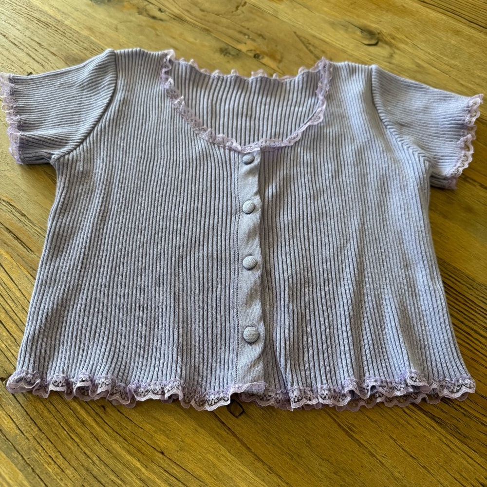 Lavender Crop Top Ribbed Button-Up Top - Picture 2 of 7